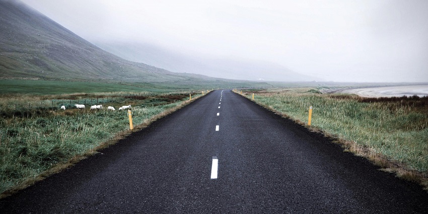 A breathtaking view of a black road surrounded by lush greenery on all the sides.