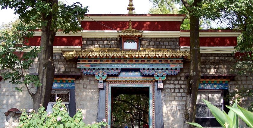 An enchanting outer view of the institute with a staircase leading to the top.