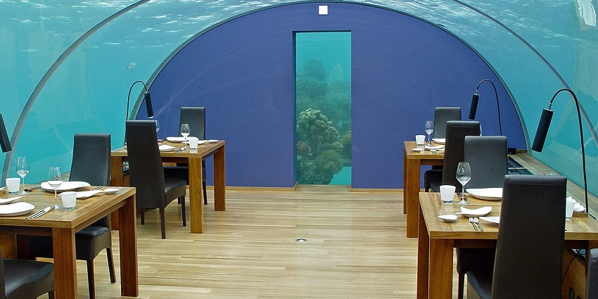 The beautiful snapshot from the inside of the Ithaa Undersea Restaurant in Maldives