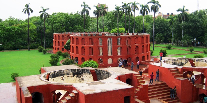 An ancient astronomical observatory with large sundials and geometric structures.