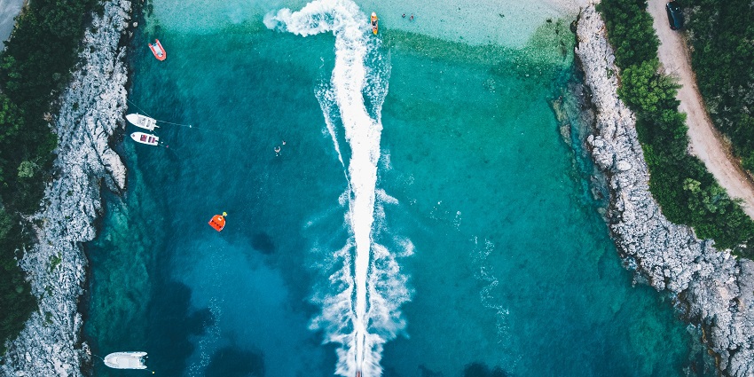 Satellite view of a large body of water, providing a broad perspective on water sports locations in Vietnam.