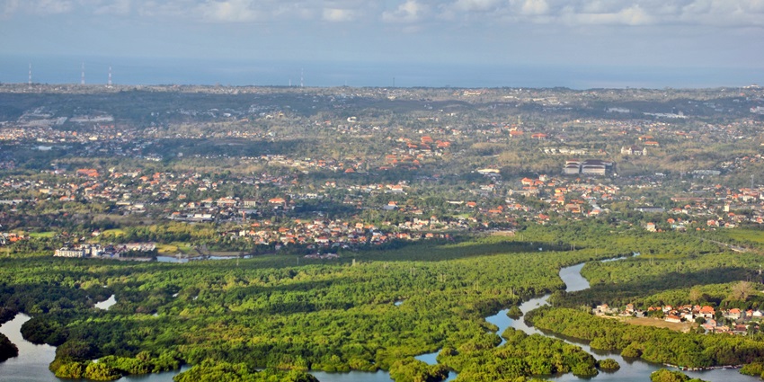 An aerial picture of Jimbaran with its beautiful mangroves and calm waters visible