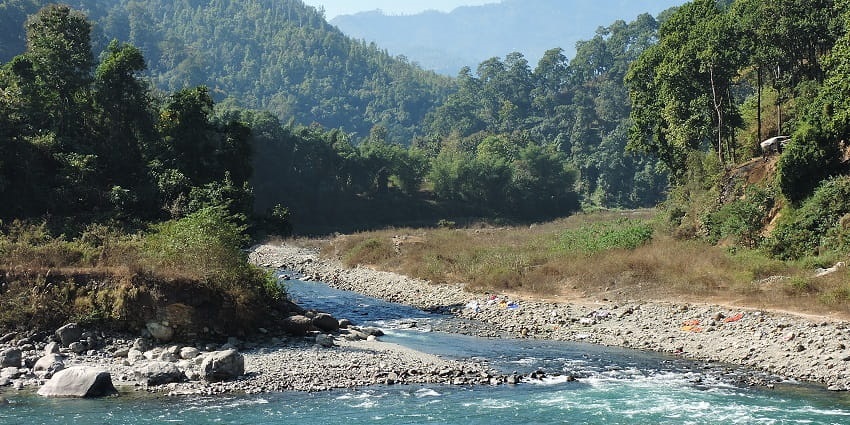 The mesmerising view of the pristine river at Jorethang, located in Sikkim, India.