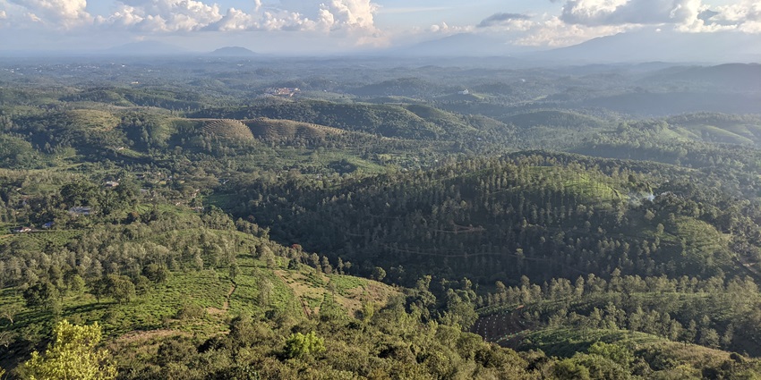 Aerial view of the hills of Josegiri, one of the most beautiful spots near Chamakkavu Temple in Kerala.