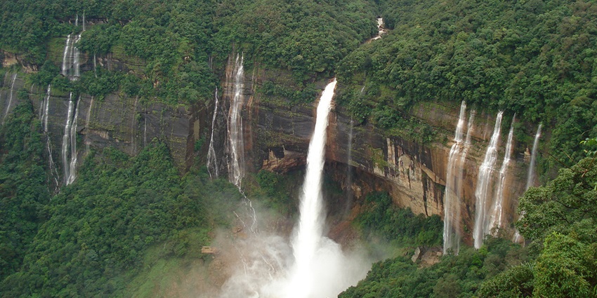 Aerial view of the waterfalls amidst the dense forest—Places to visit in Kaziranga