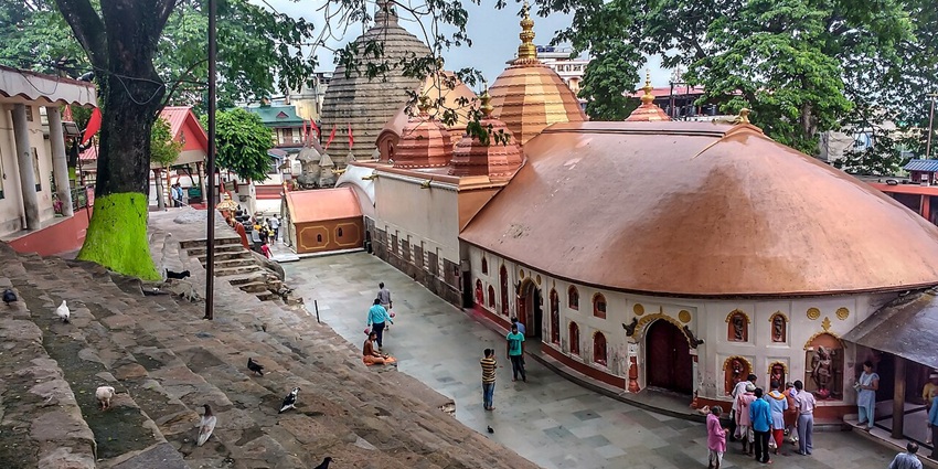 Ornate temple façade and domes of Kamakhya Temple atop Nilachal Hill, Guwahati.