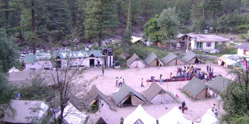 Aerial image of the base camp in Kasol along the Parvati Valley on Manikaran Road