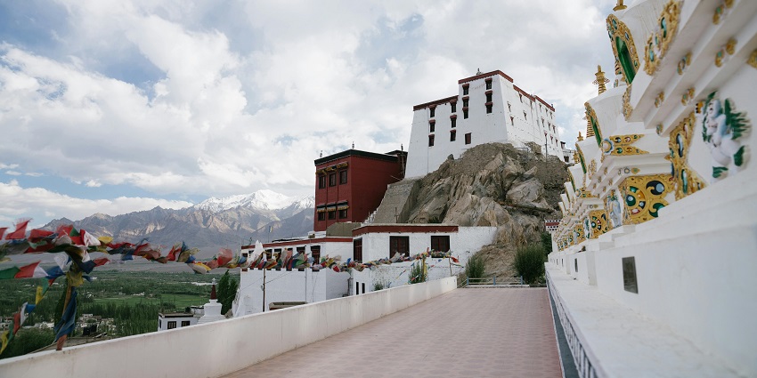 Inside the halls of Kaza monastery looking over the picturesque views of the Spiti valley
