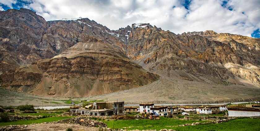 A scenic view of mountains towering Kaza, a quaint location in Himachal Pradesh.