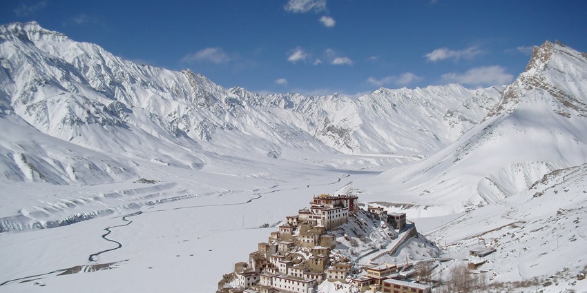 Enchanting view of the Kee monastery situated amidst the snow covered hills of spiti valley