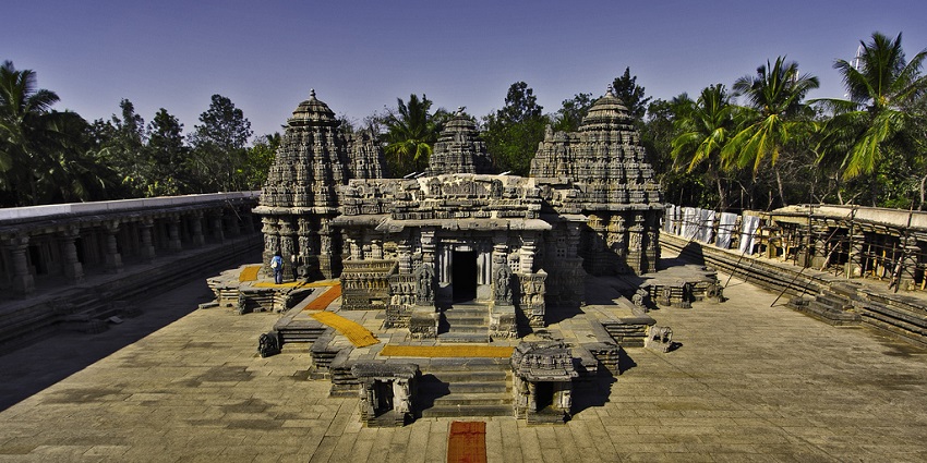 Aerial view of Chennakeshava Temple, showcasing intricate architecture and lush surroundings.
