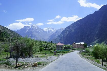 A breathtaking view of a valley covered in lush greenery with snow-covered mountains.