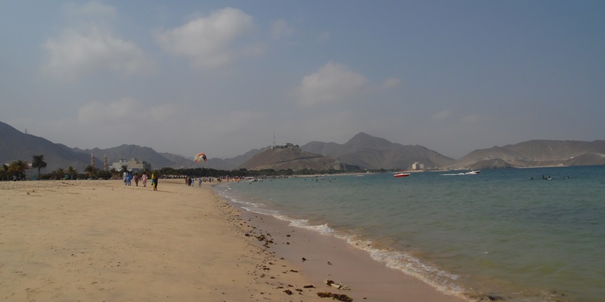 A picture of a beach in the UAE with turquoise waters clashing with the golden sand at the shore