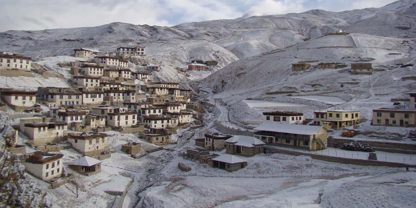 Panoramic view of the Kibber village covered in the snow which is nearby the sanctuary
