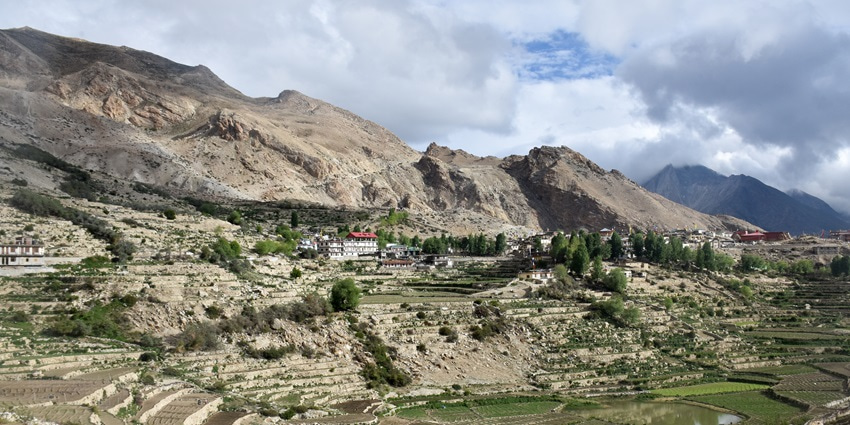 A picture of a village in Kinnaur, with a cover of greenery and views of mountains in the background