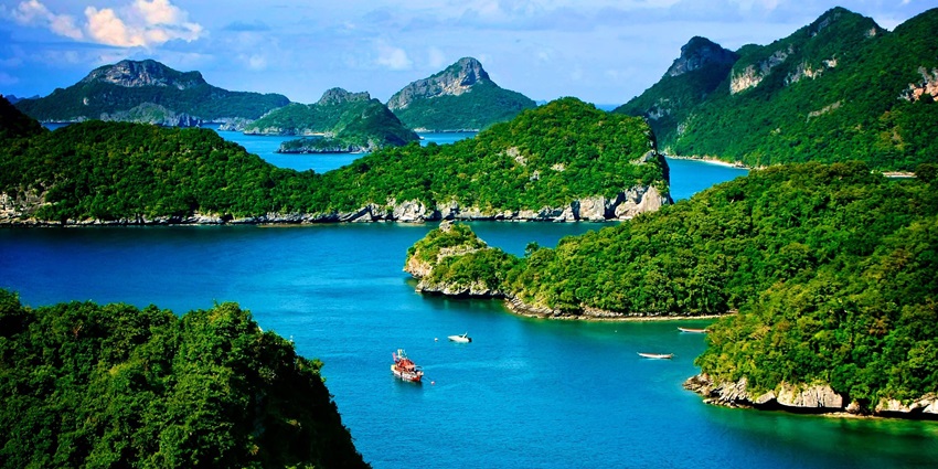 A beautiful scenery in Phuket with sea and islands on a bright sunny day