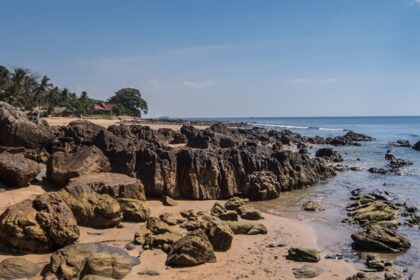 An island with big rocks on the sea shore