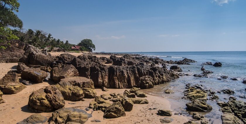 An island with big rocks on the sea shore