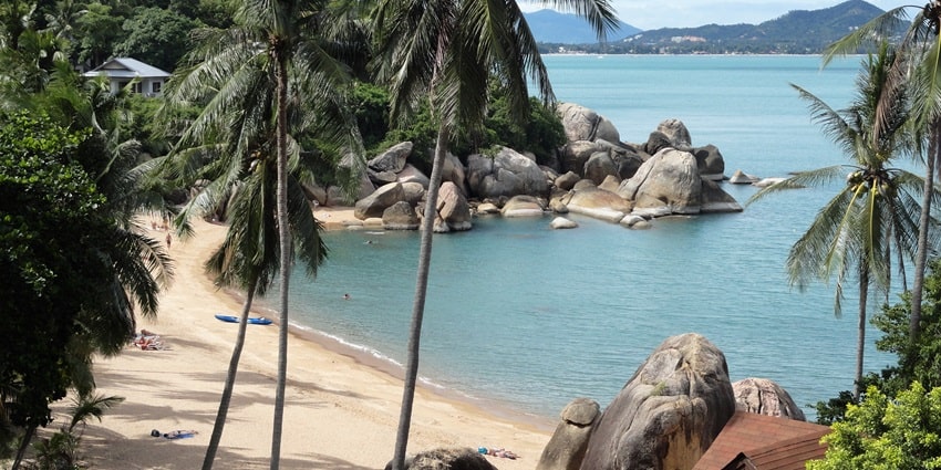 A view of a beach from a distance with pine trees in the middle and rocks around the shore
