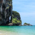 Scenic beaches in Krabi, Thailand with dramatic cliffs, turquoise waters, and white sand.