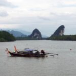 The panoramic view of the Krabi Island and the ocean from a boat in Thailand