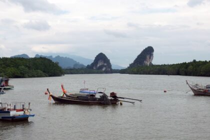 The panoramic view of the Krabi Island and the ocean from a boat in Thailand