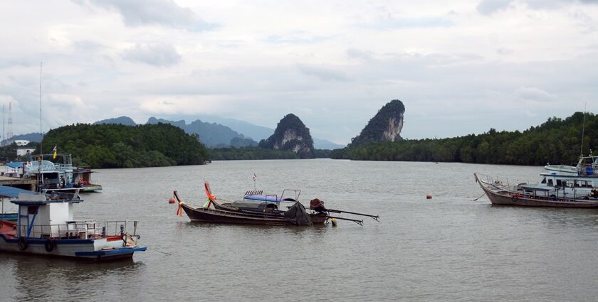 The panoramic view of the Krabi Island and the ocean from a boat in Thailand