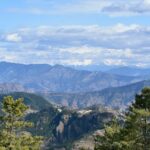 A distant view of the Himalayan range of mountains on a bright day