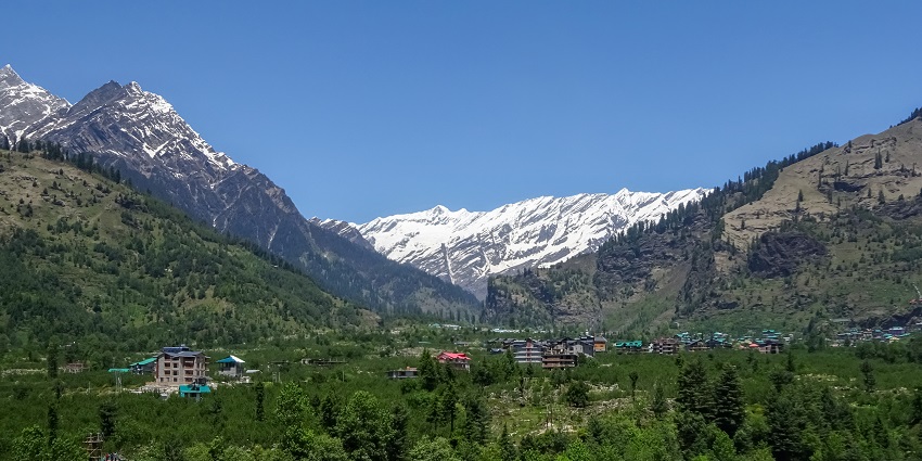 Panoramic view of the Himalayan mountain ranges from the Kullu district of Himachal