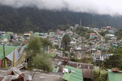 A picture of a hill town showing trees and houses with tall mountains in the front