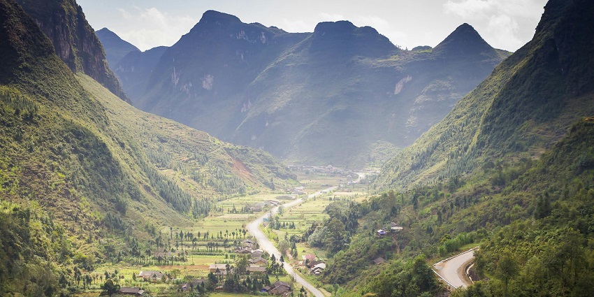 Scenic aerial view of a beautiful Lai valley from the hilltop amidst the mountains