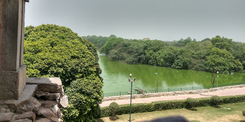 The Panoramic aerial view of the idyllic lake in the Hauz khas cultural village area, Delhi
