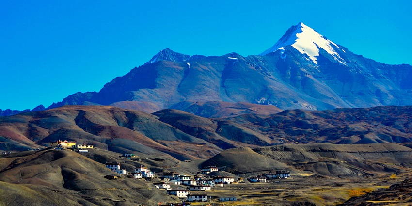 Panoramic picture of the Langza village with beautiful himalayan peak in the background