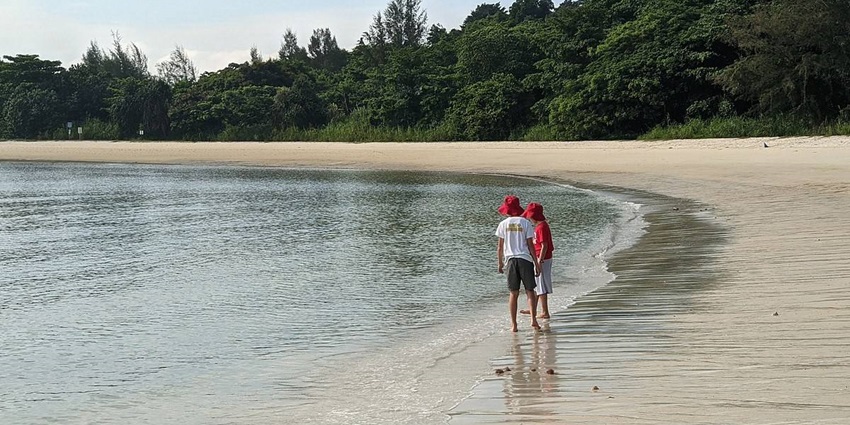 Lazarus Island lagoon with turquoise waters, white sandy beaches, and lush greenery.