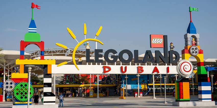 The view of the entrance gate of the popular tourist spot, Legoland in Dubai, UAE