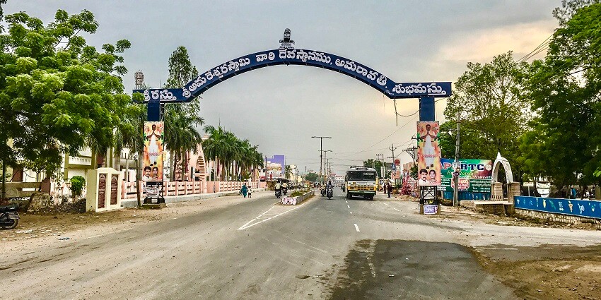 An image of a welcome board near Amaravathi Temple which is known for its spirituality.