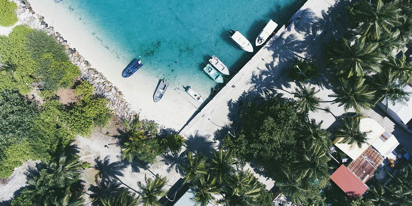 A stunning aerial view of an azure water body with boats surrounded by lush green trees.