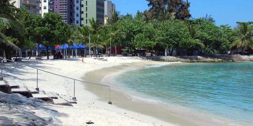 A small stretch of sand on the beach which is on the east side of Male, the capital city.