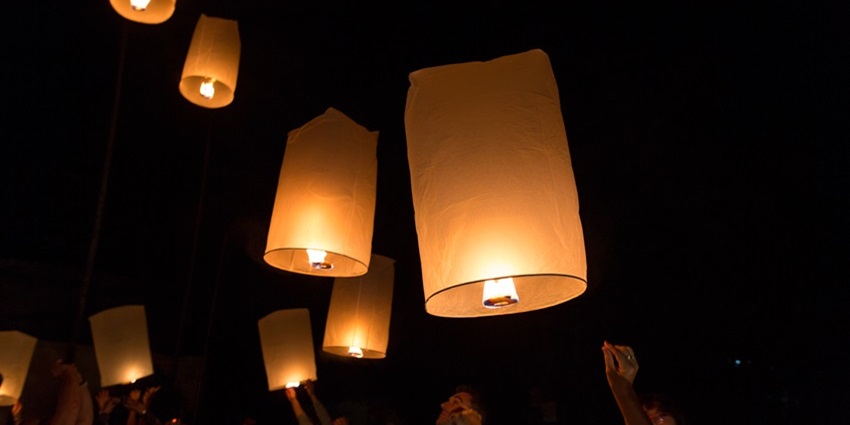 A mesmerising view of lanterns lighting up the night sky during Loy Krathong Festival