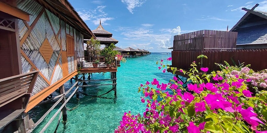 The beautiful view of the Resort Water Bungalow at Mabul Island, a Malaysian Island.