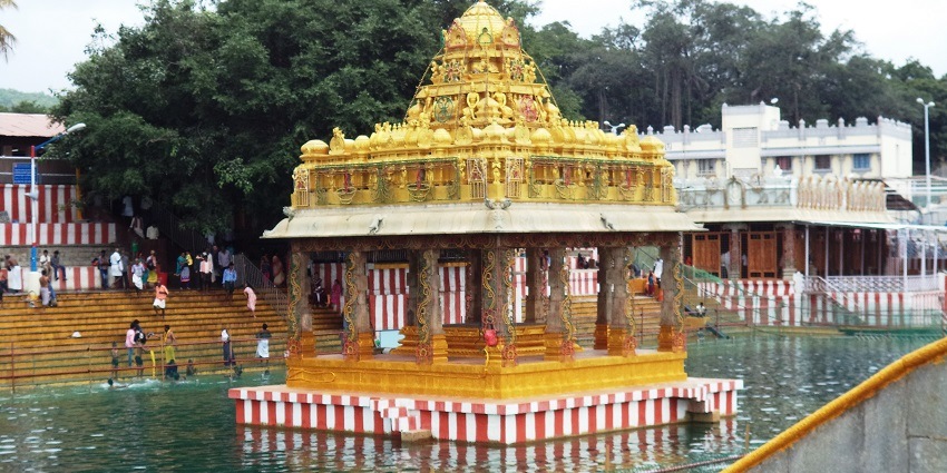 View of a temple in a lake with vibrant intricate carvings on the roof and pillars