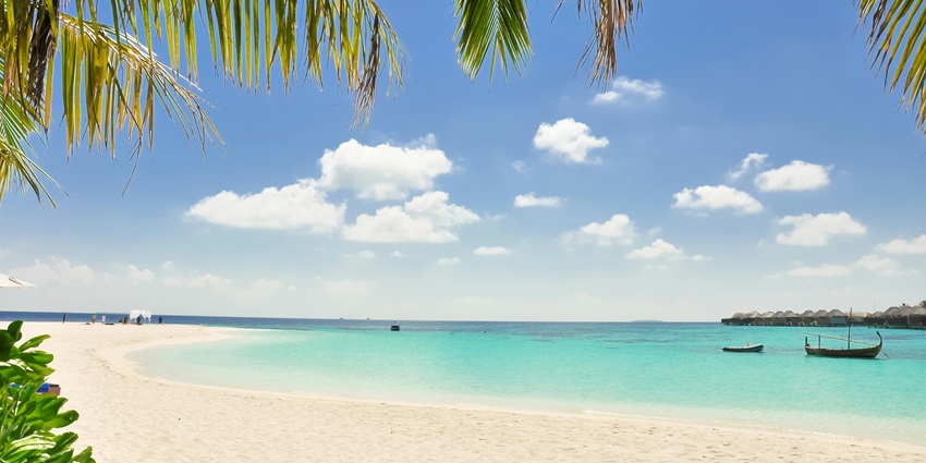 A picture of a motorised boat on a beach in Maldives with trees in the background