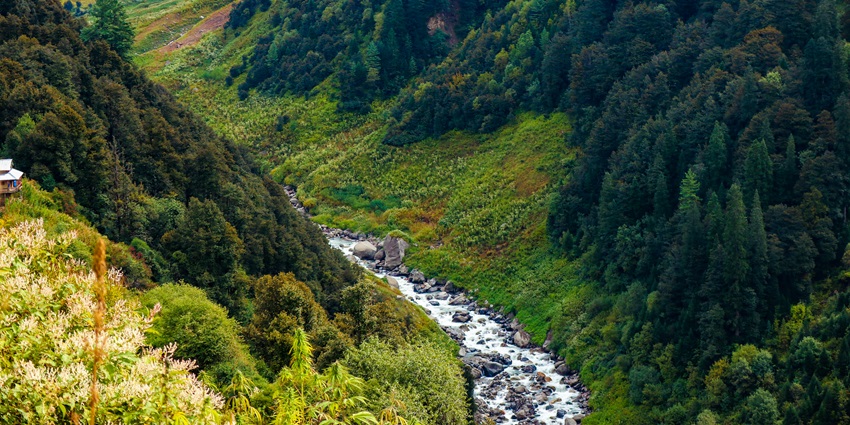 A picture of green mountains taken from another mountain while trekking in Kasol during daytime