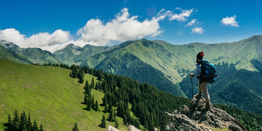 Image of a man standing on a mountain roc, surrounded by lush greenery under blue sky.