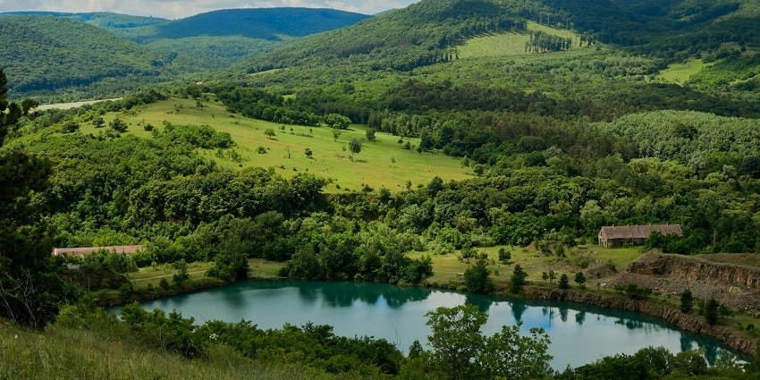 An aerial view of verdant meadows and lush greenery of the picturesque place, Mangwa.