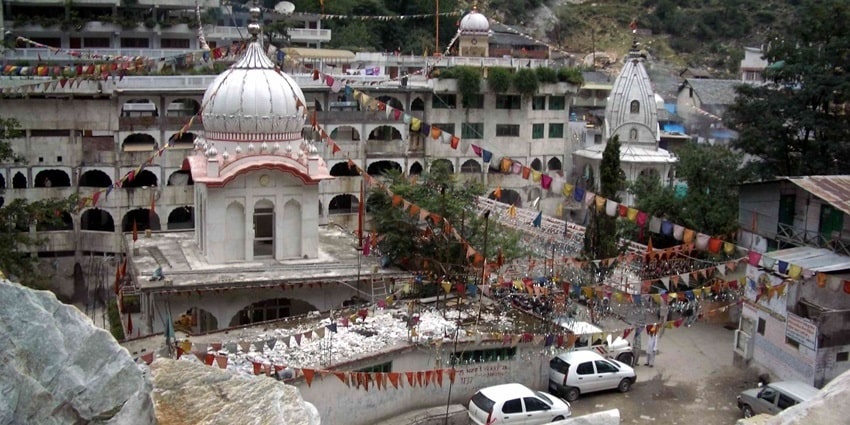 Aerial view of the historic Manikarn Sahib Gurudwara in the foothills of Himalayas