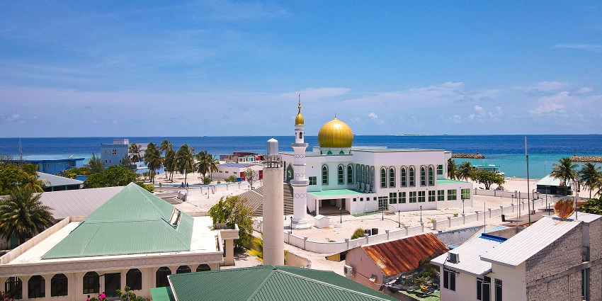 A mesmerising aerial view of Masjid al dustoor Afraaseem Ali, a famous Maldives mosque.