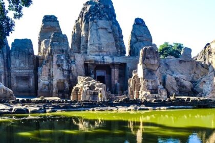 View of Masroor Temple with its stunning rock-cut architecture, intricate carvings