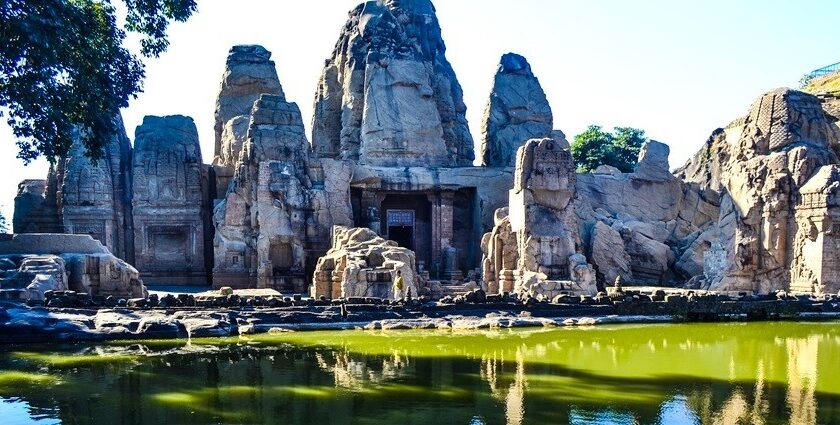 View of Masroor Temple with its stunning rock-cut architecture, intricate carvings