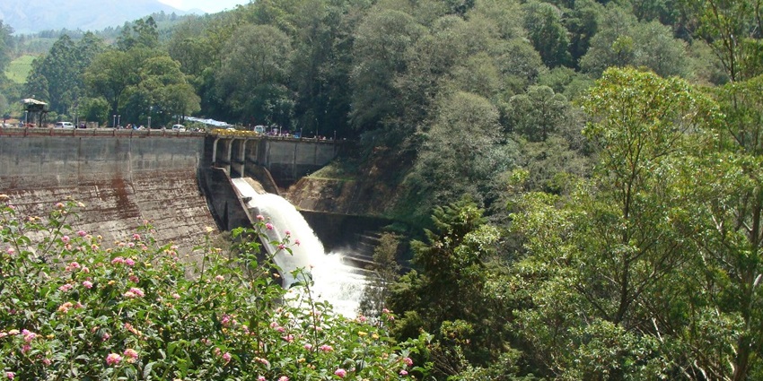 A view of gushing waters at the Mattupetty Dam, surrounded by lush green vegetation
